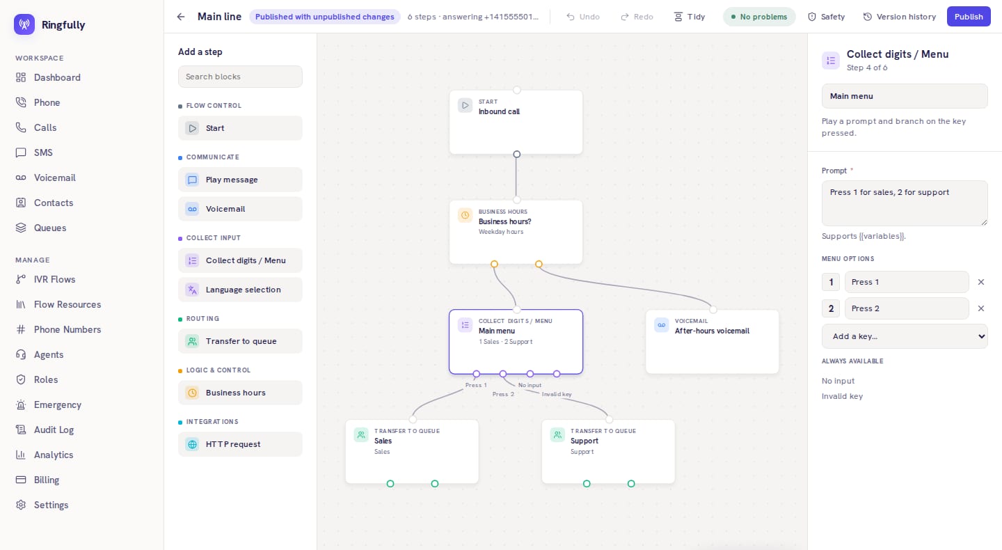 The Inbound CX call flow builder in Day theme, with example data: a flow that starts on an inbound call, checks business hours, plays a menu and sends callers to Sales or Support, with after-hours voicemail.