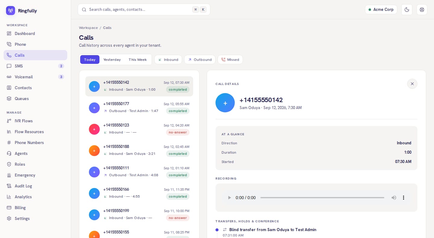 The Inbound CX call history in Day theme, with example data: a list of inbound and outbound calls beside one call's details, its recording player and its transfers and holds.